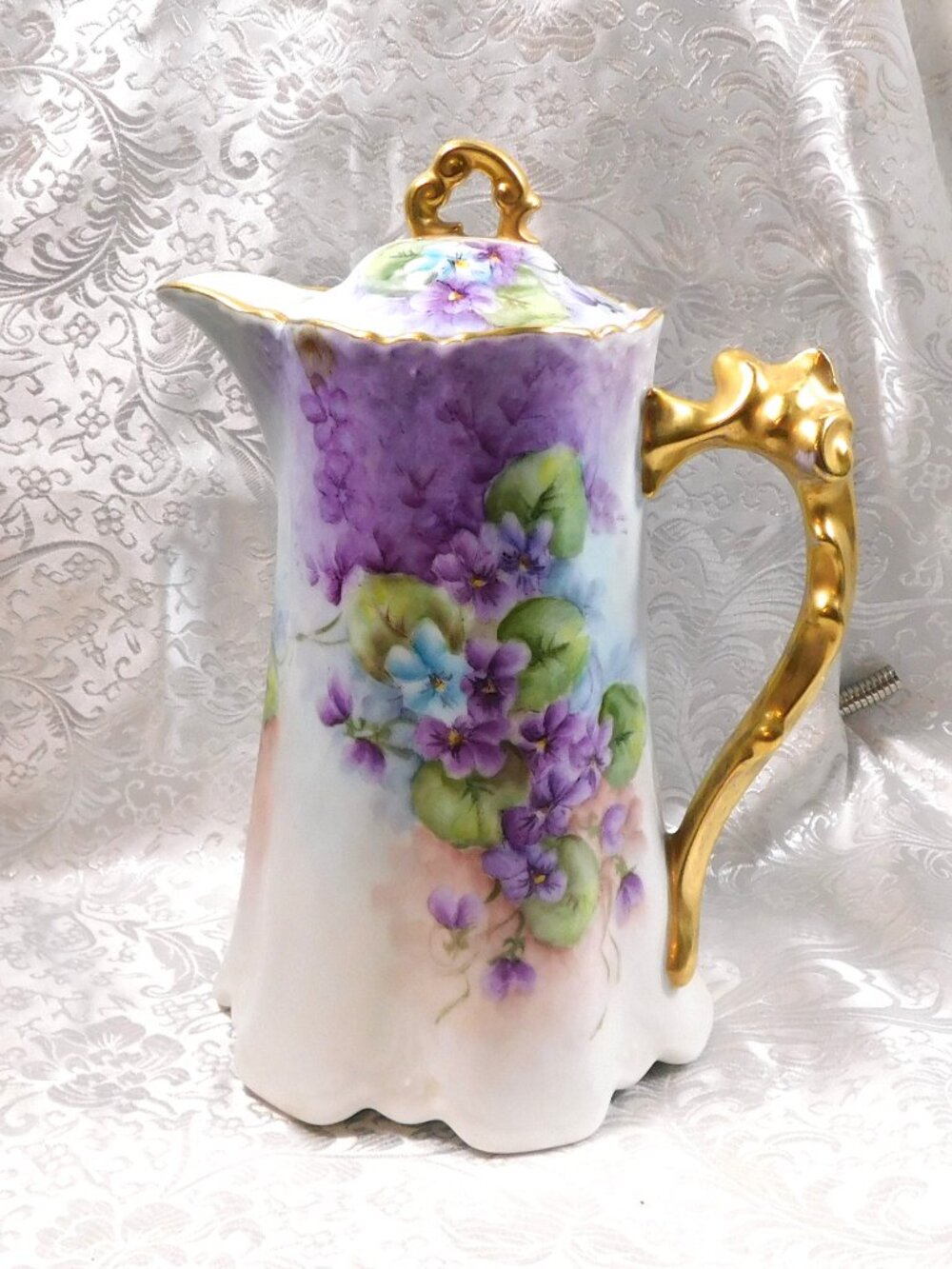 Purple Floral Chocolate Pot with Ornate Gold Handle # 27227